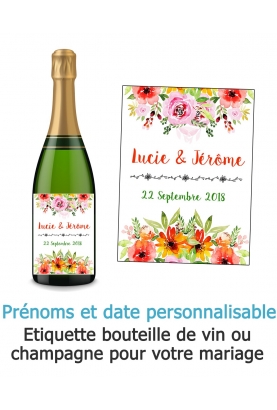 Etiquette bouteille de vin ou champagne pour votre mariage - fleur