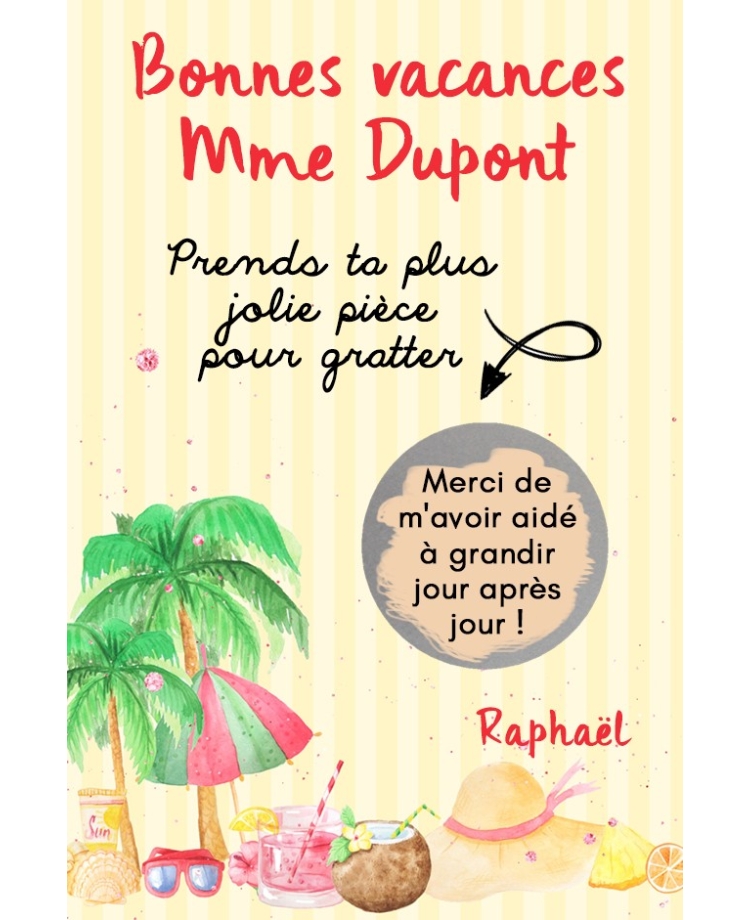 Carte à gratter bonnes vacances ATSEM, Maîtresse, Nounou. carte maitresse. merci maitresse
