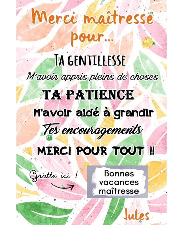 Carte à gratter bonnes vacances ATSEM, Maîtresse, Nounou