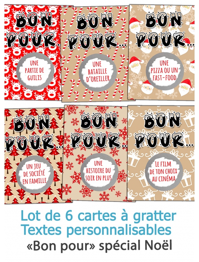 6 cartes à gratter Bon pour spécial Noël