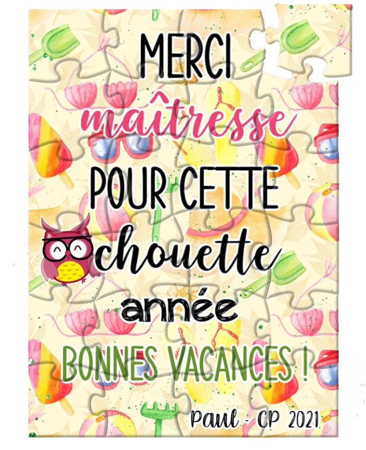 merci maitresse, puzzle cadeau maitresse ou nounou. carte maitresse. merci ATSEM. merci nounou