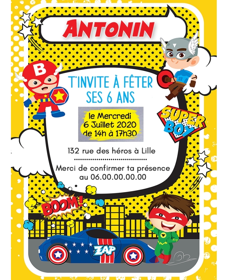 carte invitation super heros. carte invitation garçon. carte enfant anniversaire. carte anniversaire garçon