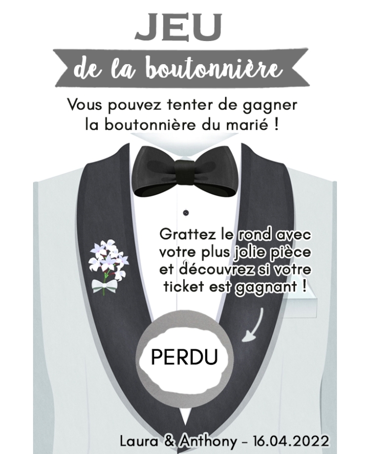 Jeu de la boutonnière. carte gratter mariage. jeu mariage. animation mariage originale. carte gratter jeu mariage