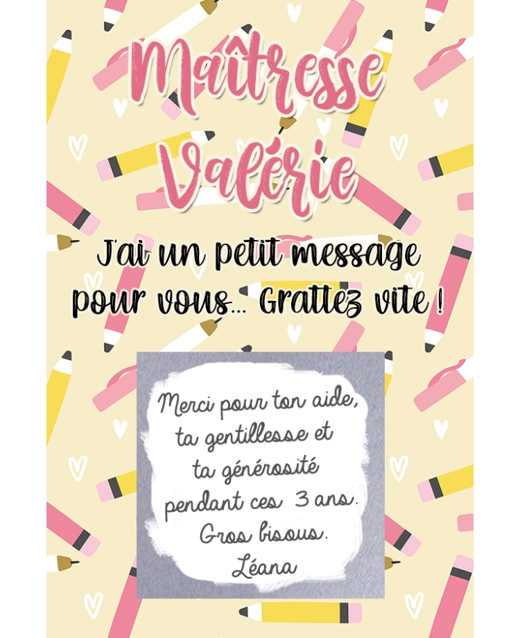 Carte à gratter Merci maîtresse personnalisable. carte maitresse. merci maitresse. merci nounou. cadeau original maitresse