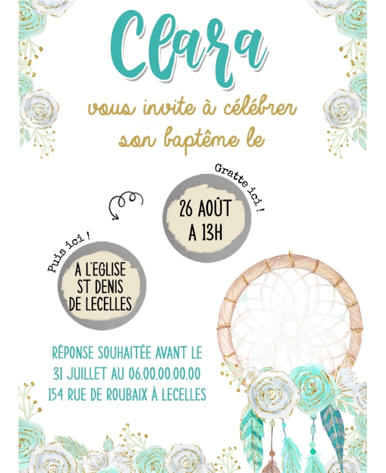 carte gratter bapteme. invitation bapteme attrape reve. invitation bapteme originale. invitation gratter