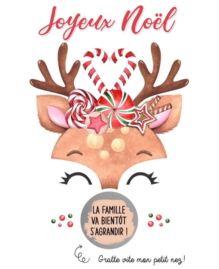 Carte à gratter Renne pour annonce ou demande originale - noël. carte annonce noël. carte surprise noël. carte cadeau noël