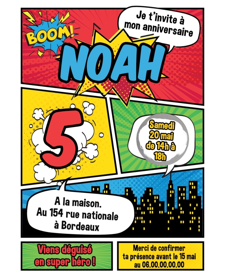 invitation comics. anniversaire garçon comics. invitation anniversaire enfant. carte invitation enfant. carte enfant super héro