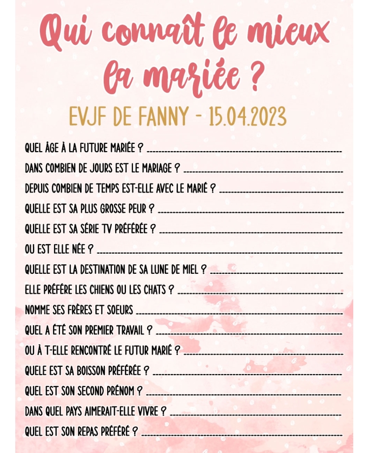 carte jeu EVJF. Jeu EVJF future mariée. animation EVJF. enterrement vie jeune fille. jeu mariée