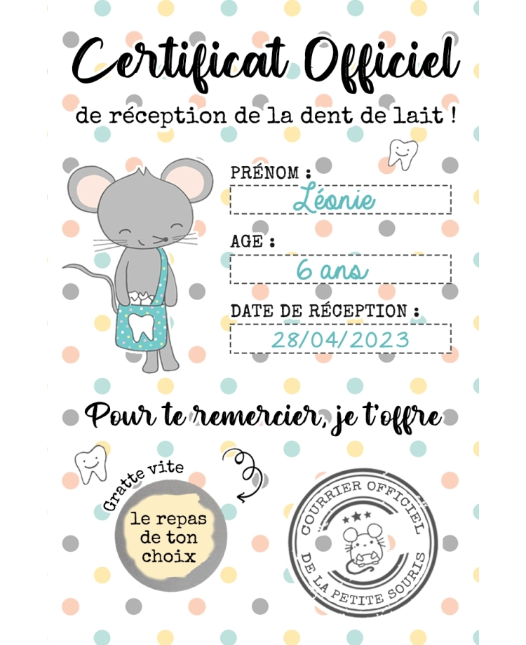 Carte à gratter cadeau dent de lait. carte la petite souris. cadeau enfant la petite souris. carte souris. carte dent lait