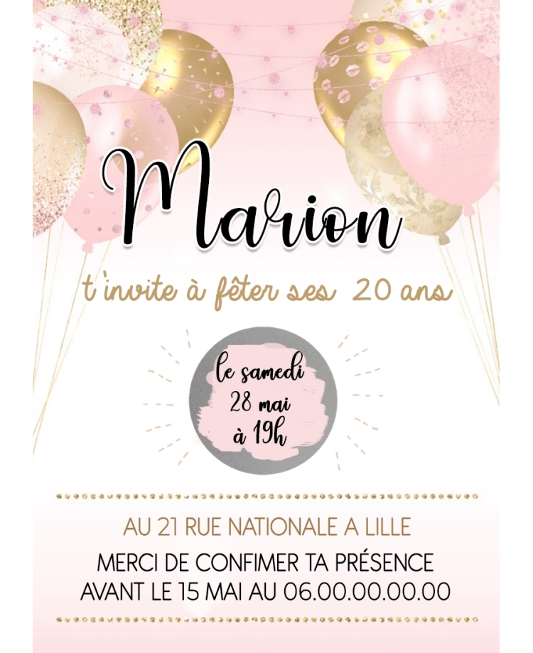 invitation anniversaire ballon. carte invitation adulte. carte adulte. invitation original. invitation fête 20 ans