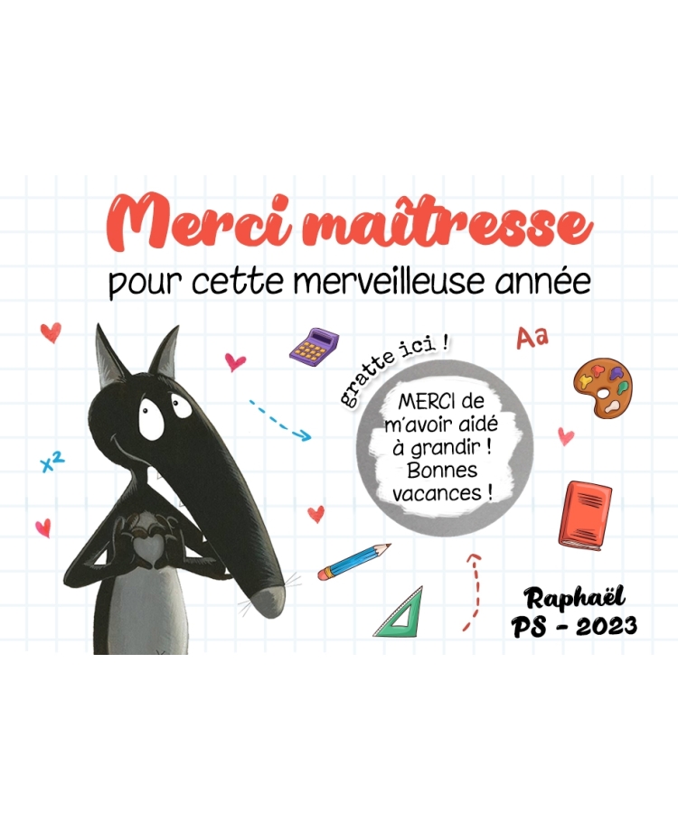 Carte à gratter "Merci" - Le loup - pour maîtresse, maître, ATSEM, nounou.