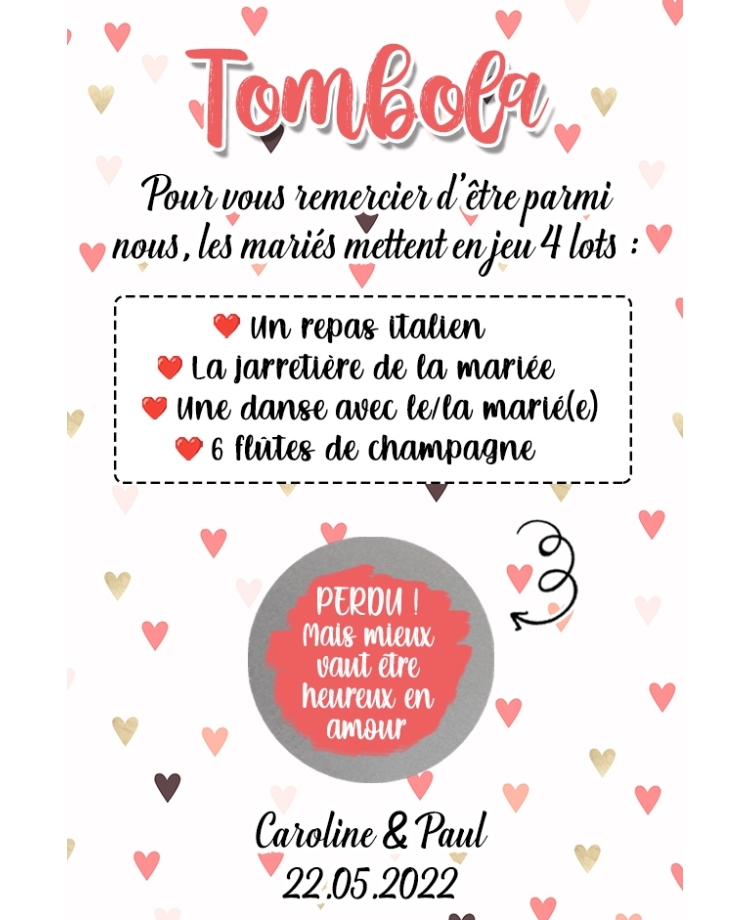 Tombola pour les mariés. tombola mariage. animation mariage. jeu mariés. jeu gratter mariage. jeu personnalisé mariage
