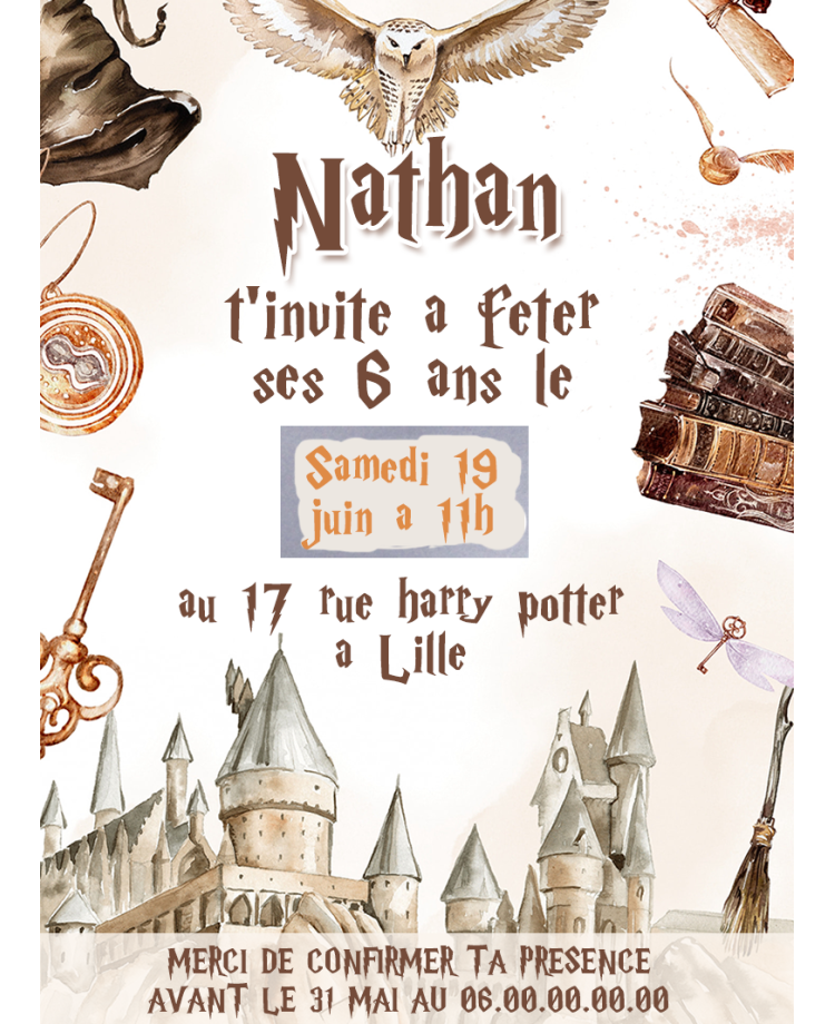 invitation Harry potter. anniversaire garçon. invitation anniversaire enfant. carte invitation enfant. carte enfant Harry potter