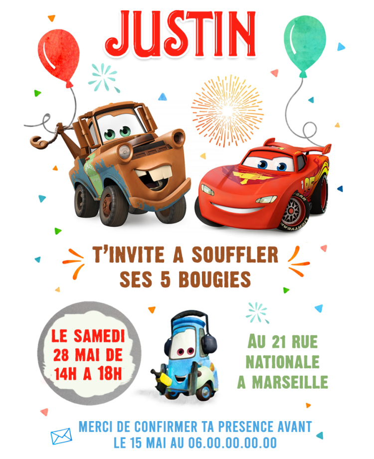 invitation cars. anniversaire garçon. invitation anniversaire enfant. carte invitation enfant. carte enfant cars. carte gratter