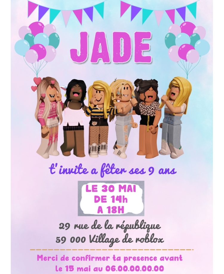 invitation Roblox. anniversaire fille. invitation anniversaire enfant. carte invitation enfant. carte enfant Roblox.