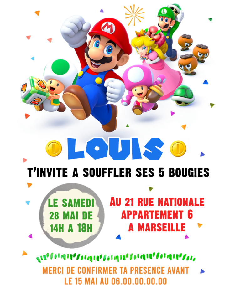 invitation super mario. anniversaire carte. invitation anniversaire enfant. carte invitation enfant. carte enfant super mario.
