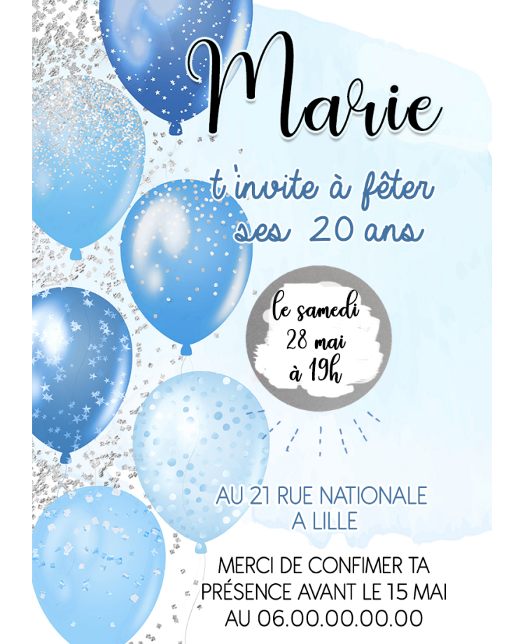 invitation anniversaire ballon bleu. carte invitation adulte. carte adulte. invitation original. invitation fête 20 ans