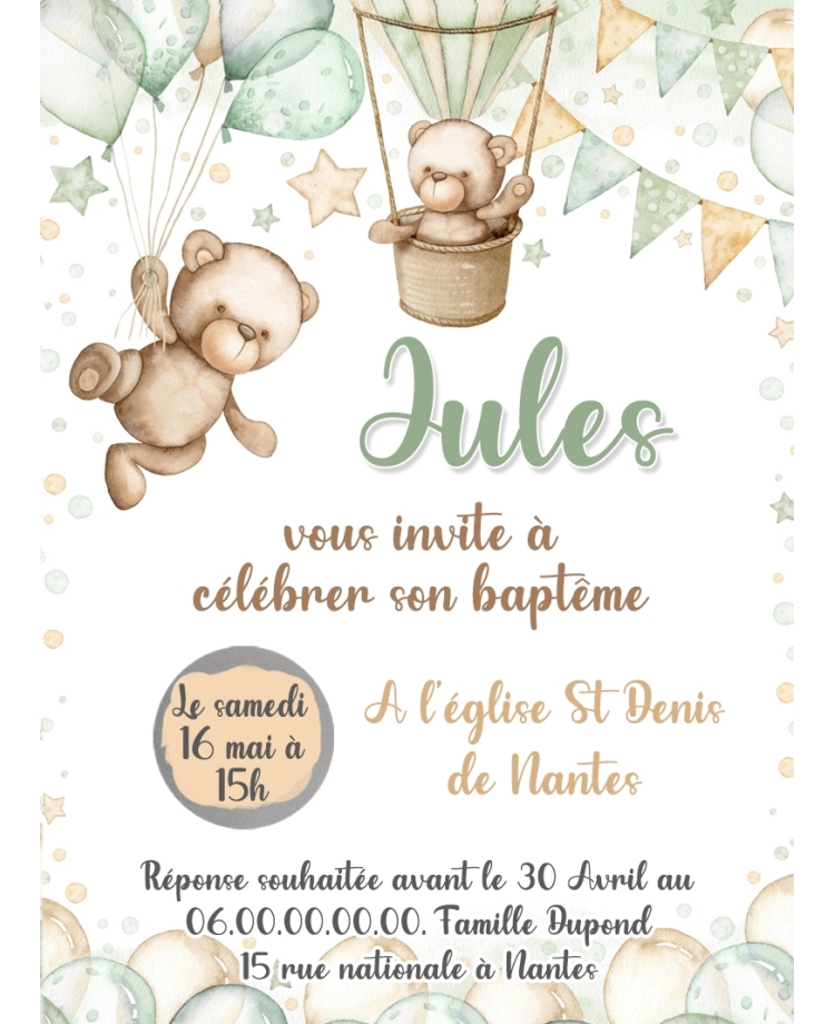 carte invitation. carte baptême. carte anniversaire enfant. carte ourson. anniversaire ourson. carte invitation gratter.