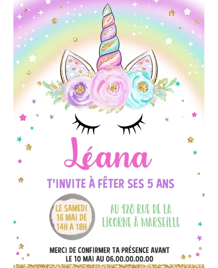 carte invitation. carte baptême. carte anniversaire enfant. carte arc en ciel. anniversaire licorne, carte invitation gratter.
