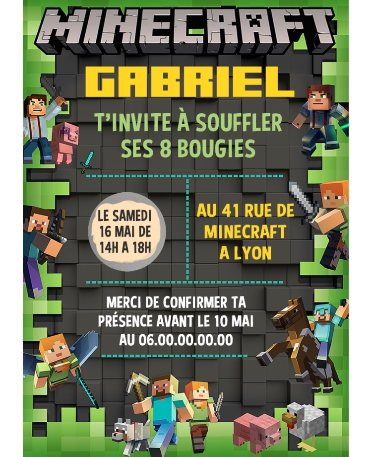 carte invitation. carte baptême. carte anniversaire enfant. carte Minecraft. anniversaire Minecraft, carte invitation gratter.