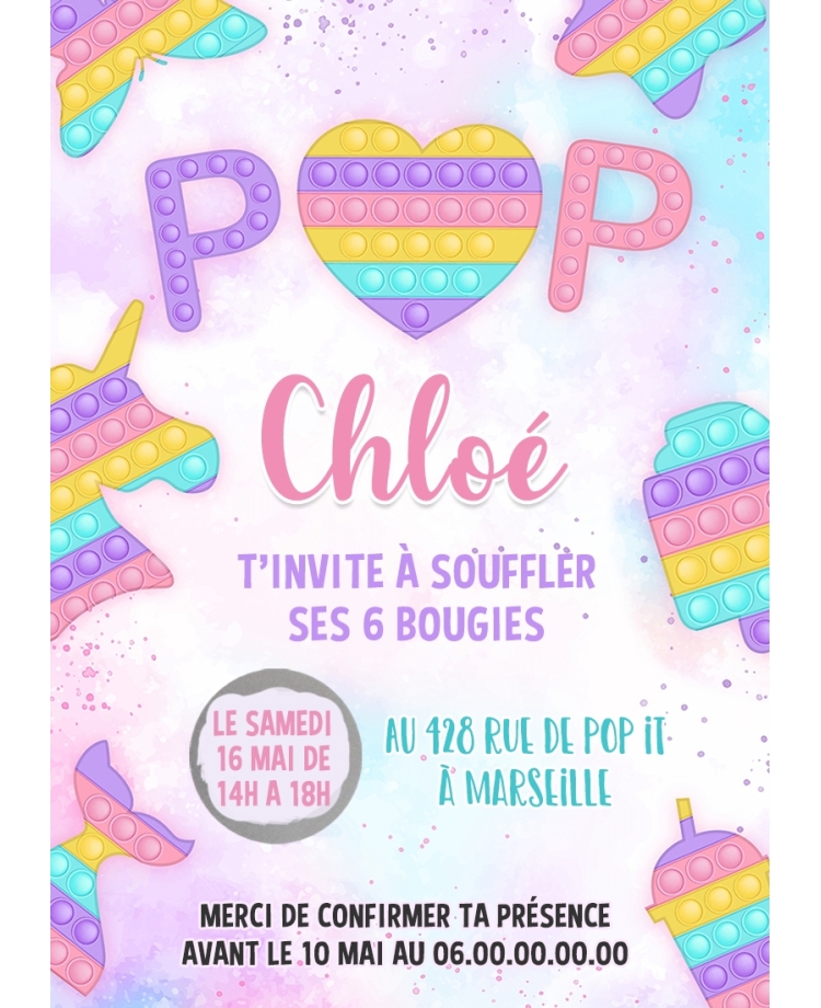 carte invitation. carte baptême. carte anniversaire enfant. carte pop it. anniversaire pop it, carte invitation gratter.