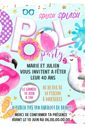 carte invitation. carte fête adulte. carte pool party. anniversaire piscine.carte invitation gratter.