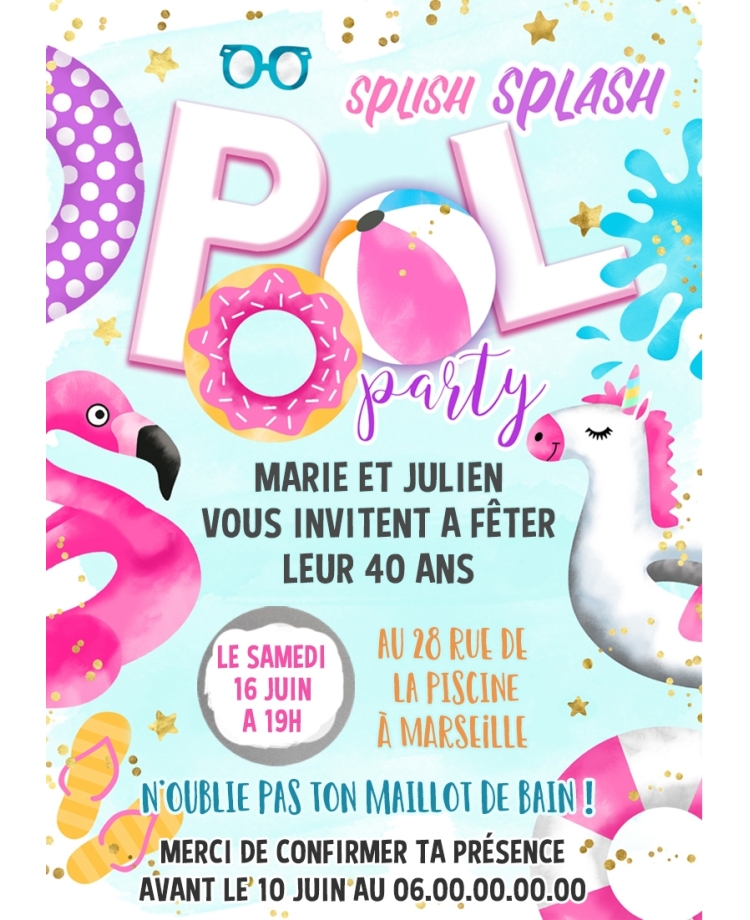 carte invitation. carte fête adulte. carte pool party. anniversaire piscine.carte invitation gratter.