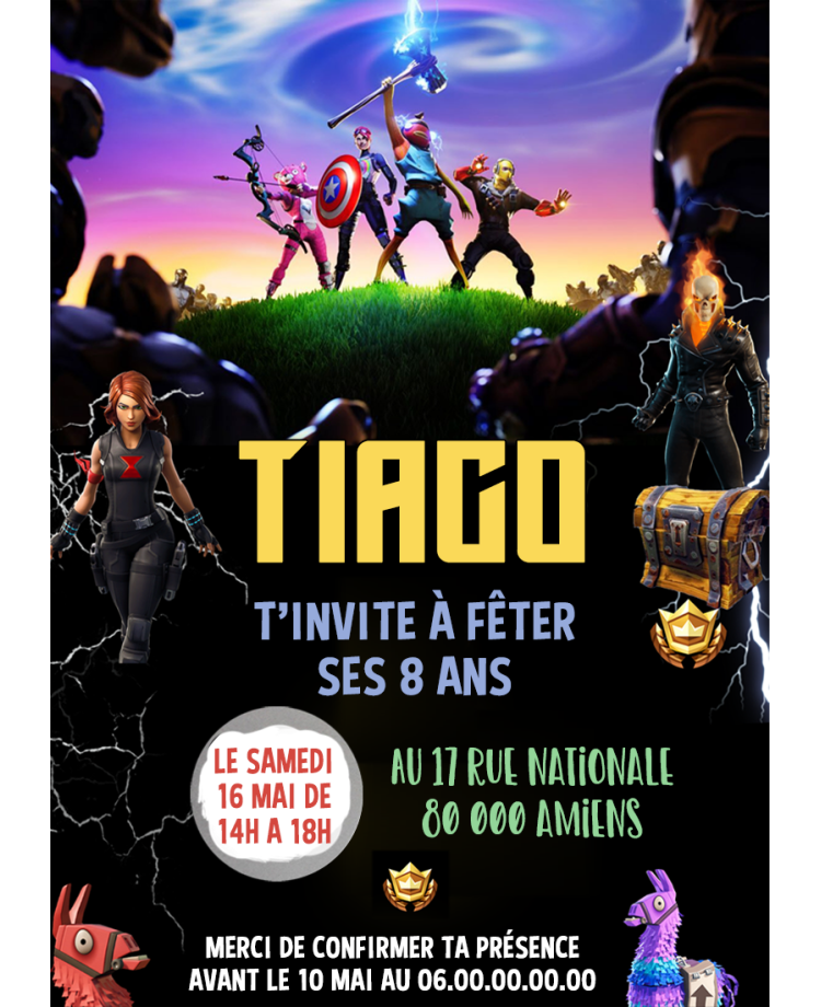 carte invitation. carte baptême. carte anniversaire enfant. carte Fortnite. anniversaire Fortnite, carte invitation gratter.