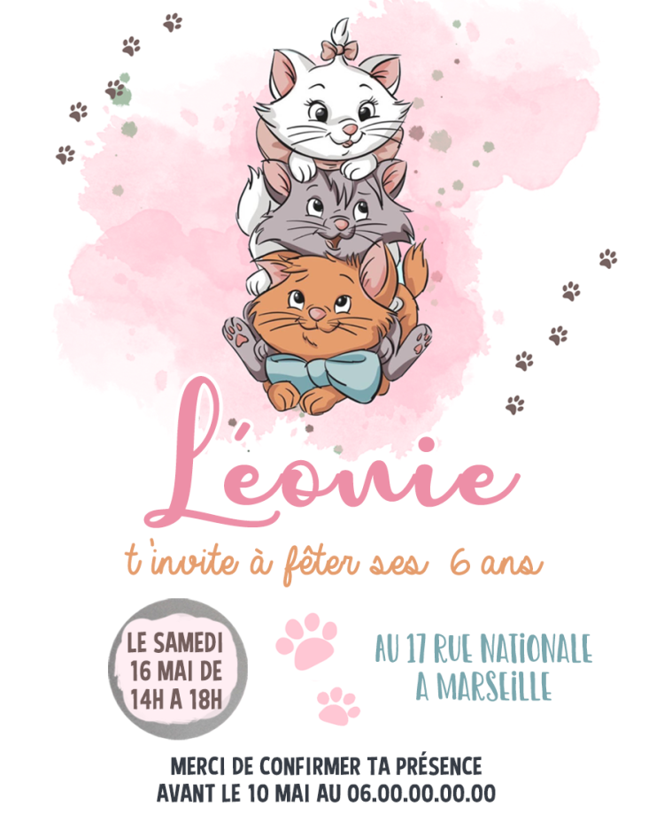 carte invitation. carte fête enfant. carte anniversaire aristochats. anniversaire fille. carte invitation gratter.
