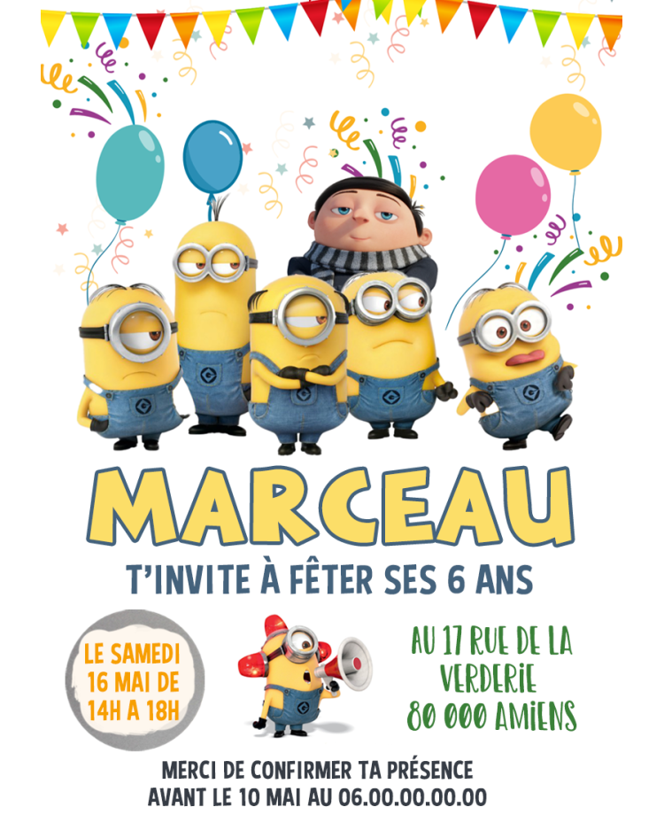 carte invitation. carte fête enfant. carte anniversaire minions. anniversaire fille garçon. carte invitation gratter.