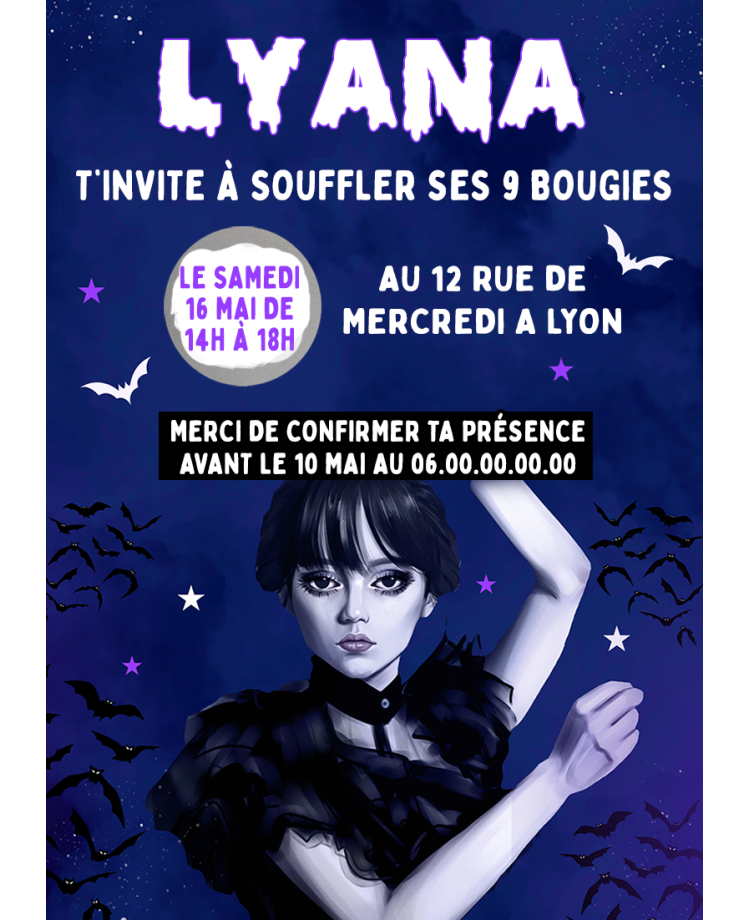 carte invitation adams. carte fête enfant. carte anniversaire Mercredi. anniversaire fille. carte invitation gratter.