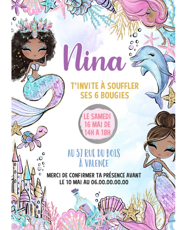 carte invitation. carte fête enfant. carte anniversaire Sirène. anniversaire fille. carte invitation gratter.