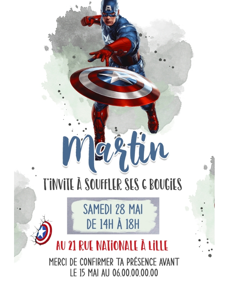 carte invitation. carte anniversaire enfant. carte Captain America. anniversaire Captain America, carte invitation gratter.