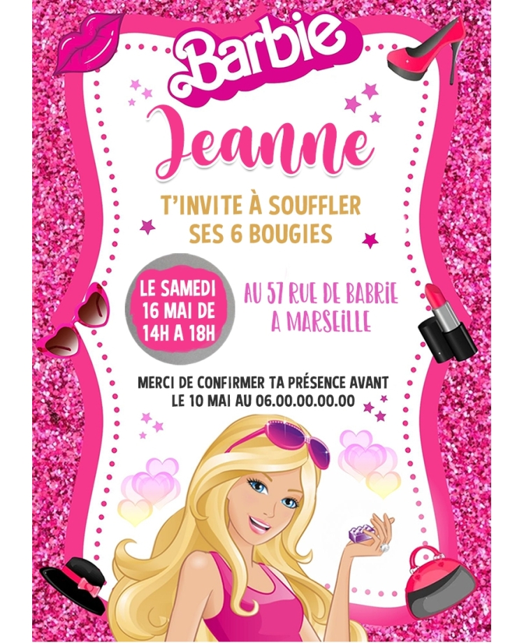 carte invitation. carte anniversaire fille. carte Barbie. anniversaire Barbie, carte invitation gratter.