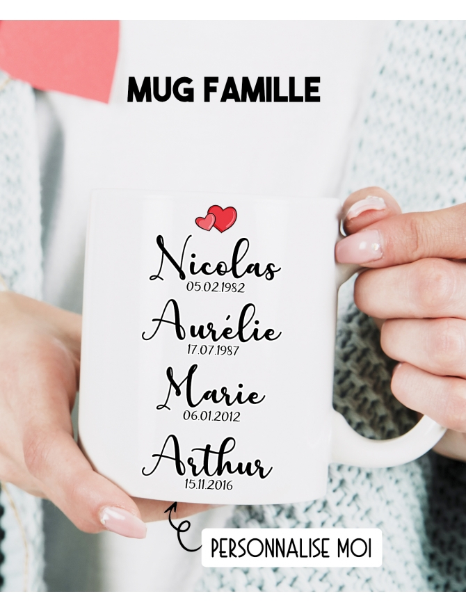 Mug famille avec prénom et date de naissance. mug cadeau famille. mug parent enfant