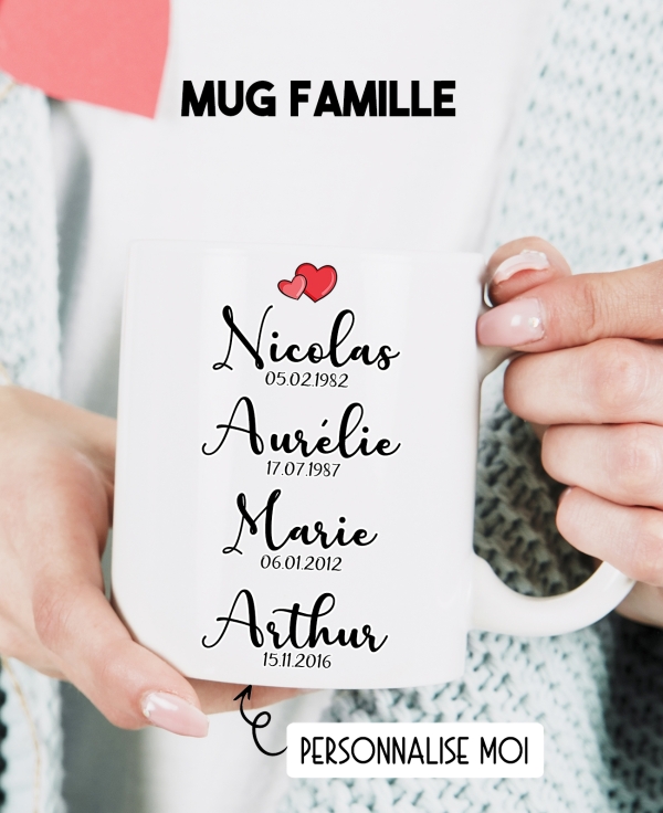 Mug famille avec prénom et date de naissance. mug cadeau famille. mug parent enfant