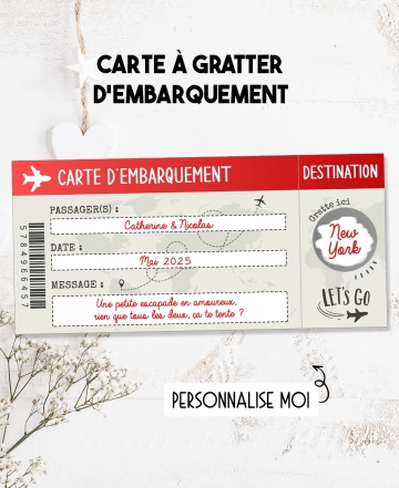 Carte d'embarquement à gratter. Carte annonce voyage. carte gratter voyage. carte voyage surprise. carte cadeau surprise voyage