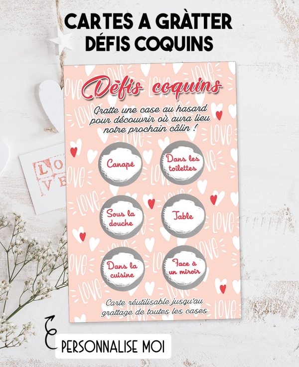 Carte à gratter "Défis coquins" pour pimenter votre vie de couple ! carte saint valentin. jeu sexe couple. jeu fantasme couple.