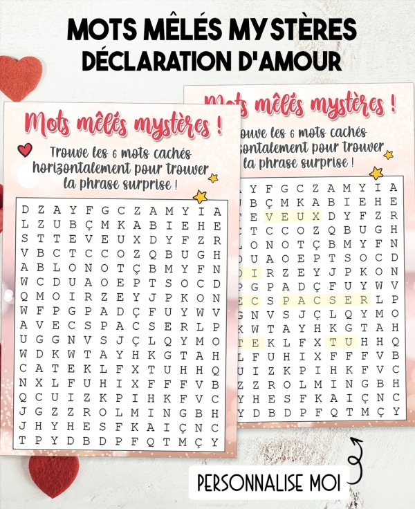 Mots mêlés mystères "amour" pour annonce ou demande originale. mot mêlés déclaration amour