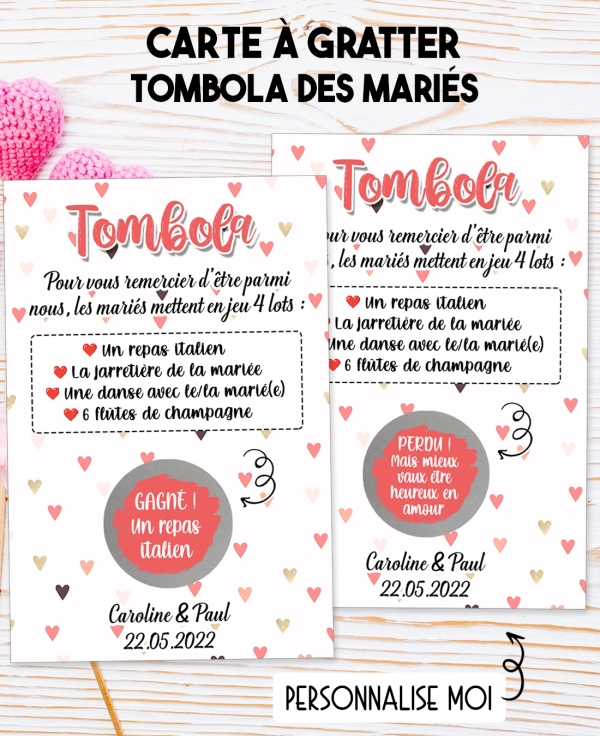 Tombola pour les mariés. tombola mariage. animation mariage. jeu mariés. jeu gratter mariage. jeu personnalisé mariage