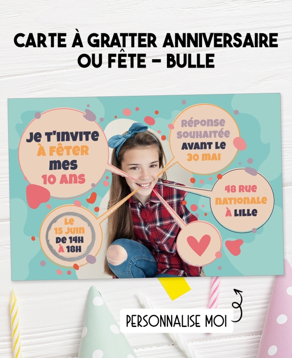 carte gratter anniversaire fille. invitation baptême. invitation anniversaire. invitation gratter originale. carte anniversaire.