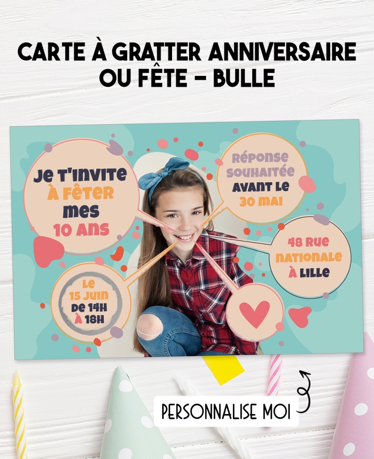 carte gratter anniversaire fille. invitation baptême. invitation anniversaire. invitation gratter originale. carte anniversaire.