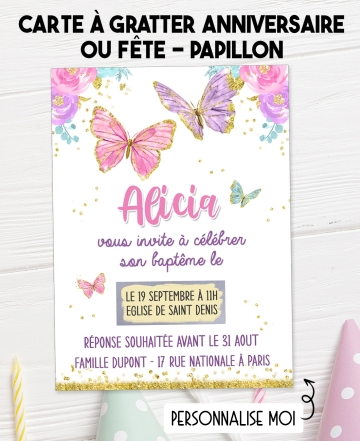 carte invitation. carte bapteme. carte anniversaire enfant. carte papillon. anniversaire papillon. carte invitation gratter