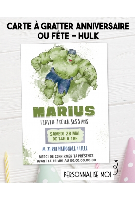 carte invitation. carte baptême. carte anniversaire enfant. carte Hulk. anniversaire Hulk, carte invitation gratter.
