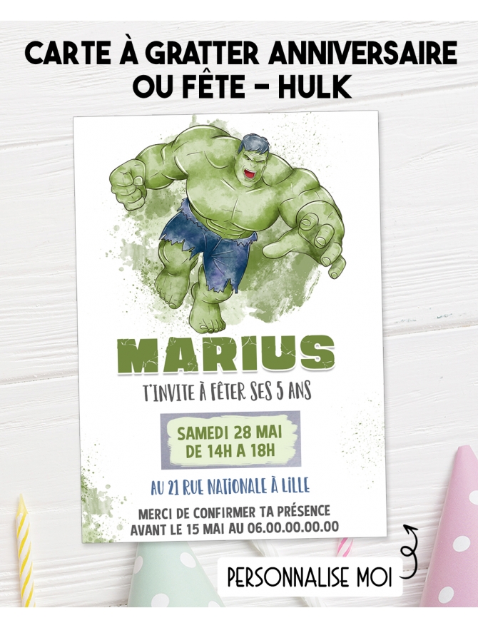 carte invitation. carte baptême. carte anniversaire enfant. carte Hulk. anniversaire Hulk, carte invitation gratter.