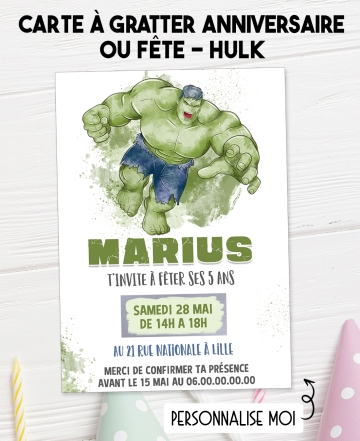 carte invitation. carte baptême. carte anniversaire enfant. carte Hulk. anniversaire Hulk, carte invitation gratter.