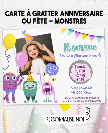 carte invitation. carte baptême. carte anniversaire enfant. carte fête. anniversaire monstre. carte invitation gratter.