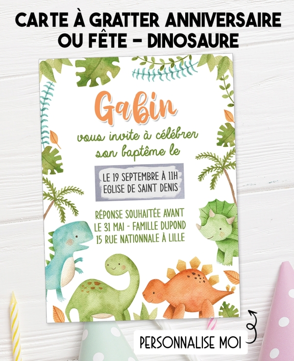 carte invitation. carte baptême. carte anniversaire enfant. carte dinosaure. anniversaire dinosaure. carte invitation gratter. i