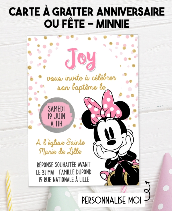 carte invitation. carte bapteme. carte anniversaire enfant. carte minnie. anniversaire minnie. carte invitation gratter