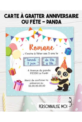 Carte d'invitation anniversaire à gratter - panda. carte anniversaire. invitation enfant original